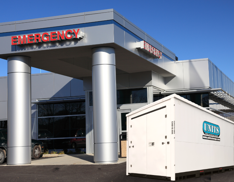 emergency room entrance and UNITS container