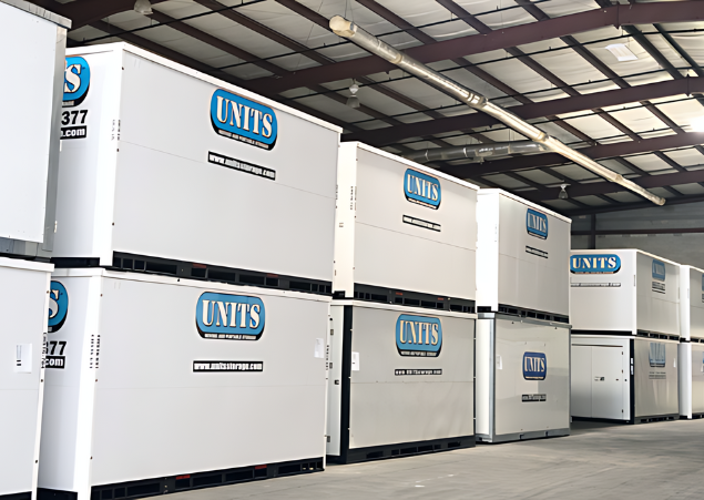 UNITS of Asheville portable storage containers stacked in the Asheville storage facility.