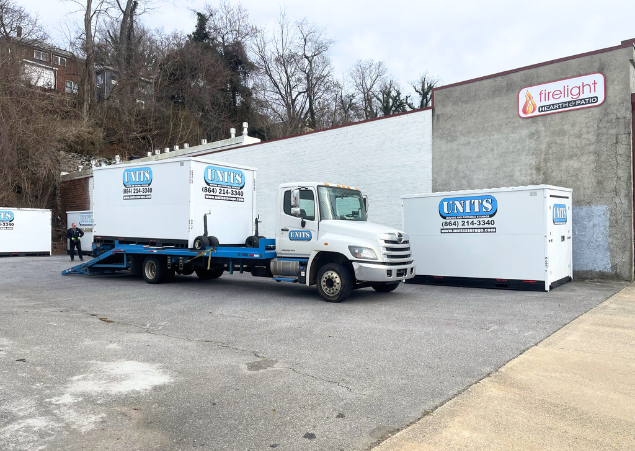 UNITS of Asheville portable storage delivery truck and two portable storage containers in Asheville