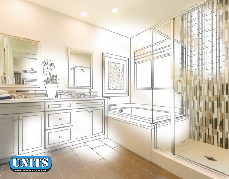 a pic of a rendering of a bathroom and units logo