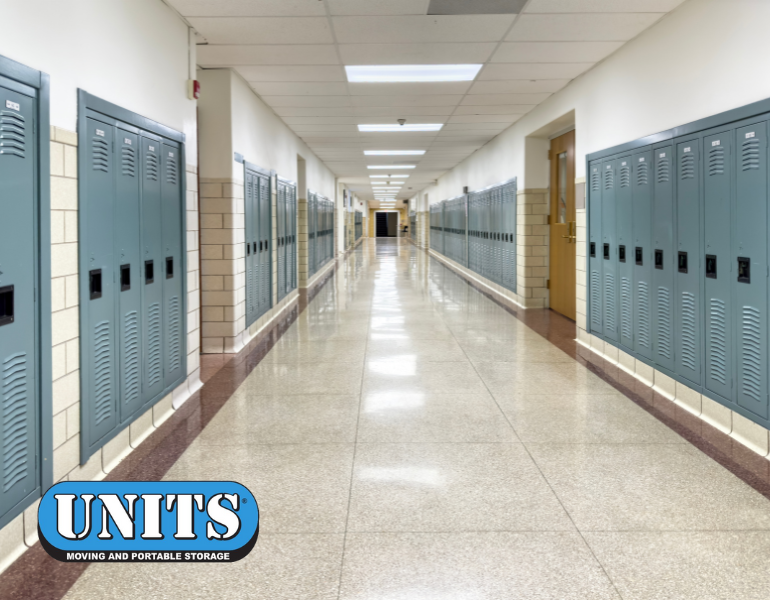 pic of a school hallway and units logo