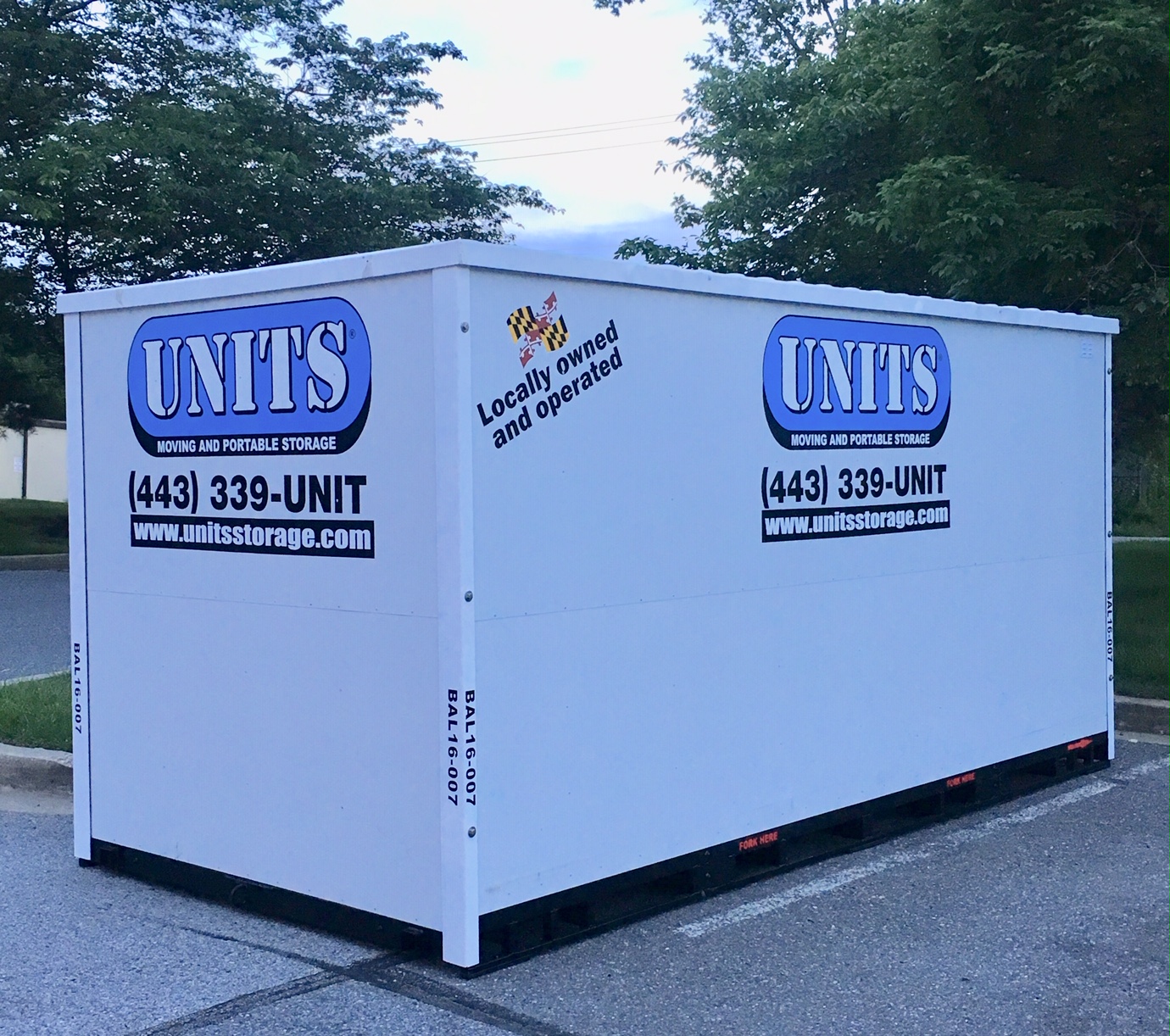 Units portable storage container sitting in a driveway in Baltimore Maryland