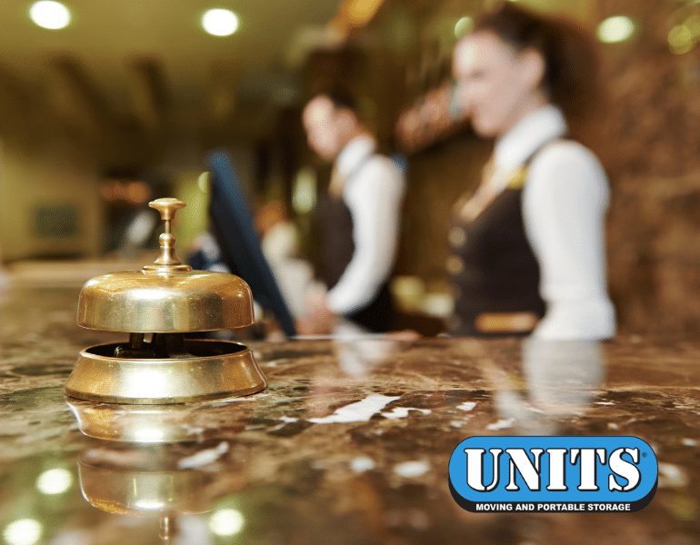 a pic of hotel lobby and units logo