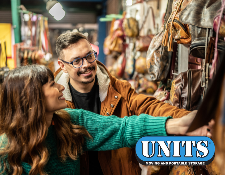 pic of a couple shopping at a thrift store and units logo