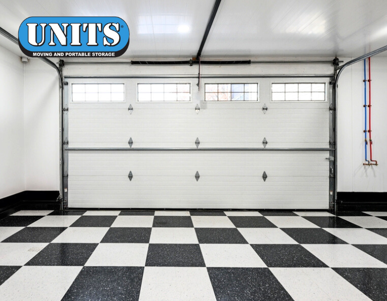 a pic of garage floor and units logo
