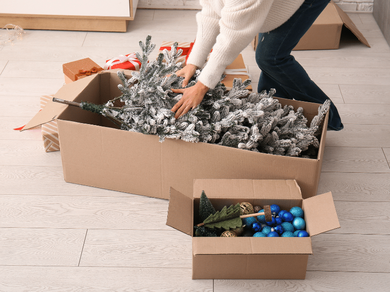 someone following 2026 storage tips and putting away holiday decor in portable storage container