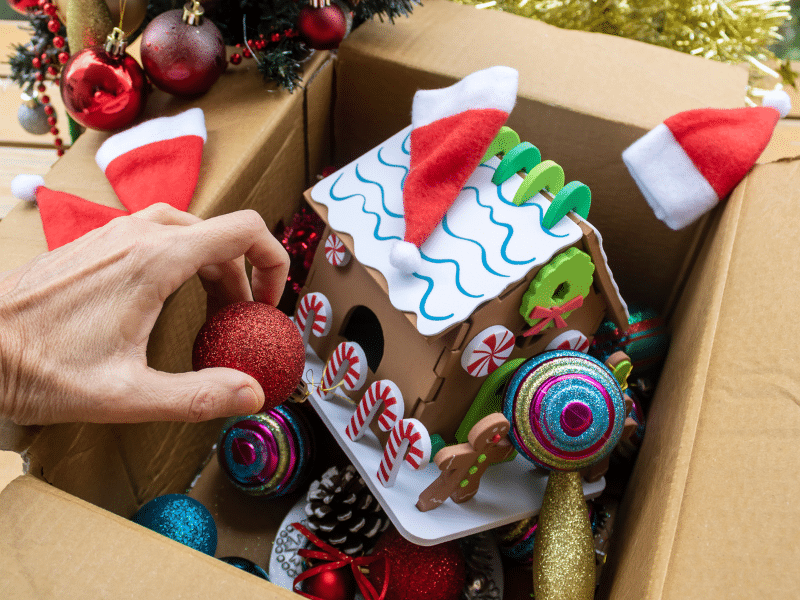 Holiday decorations in a cardboard boxes.