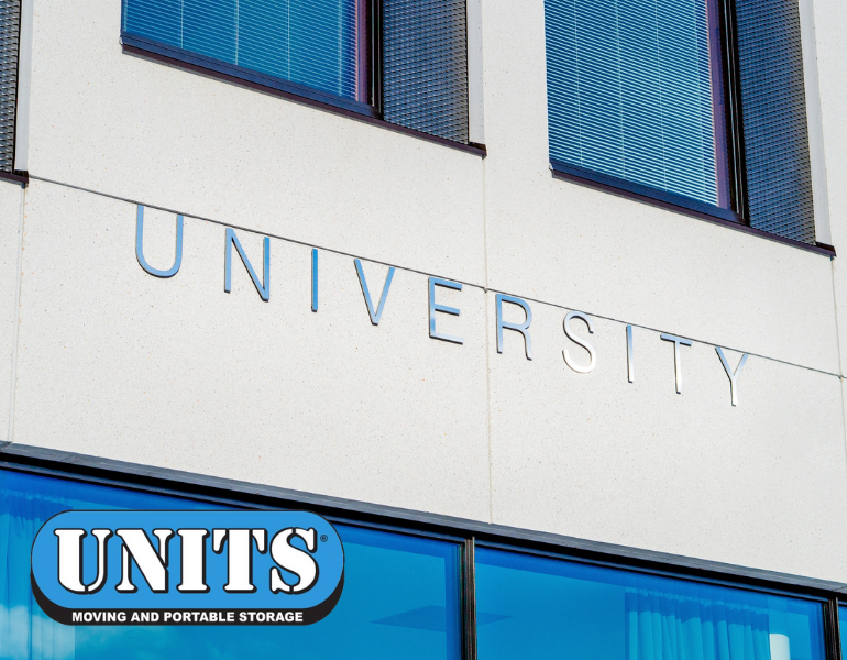 a picture of a building with the word university written on it and units logo