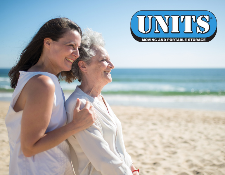 a pic of an elderly woman on the beach and units logo