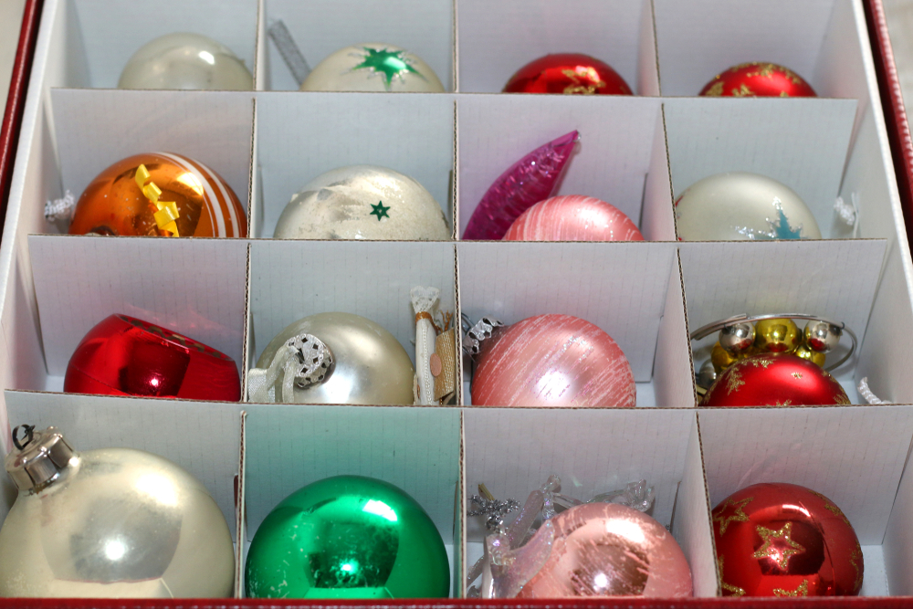 A box of christmas decorations.