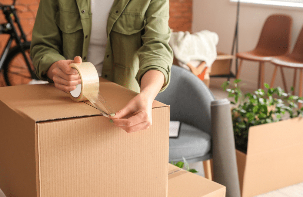 A woman using tape to pack up boxes.