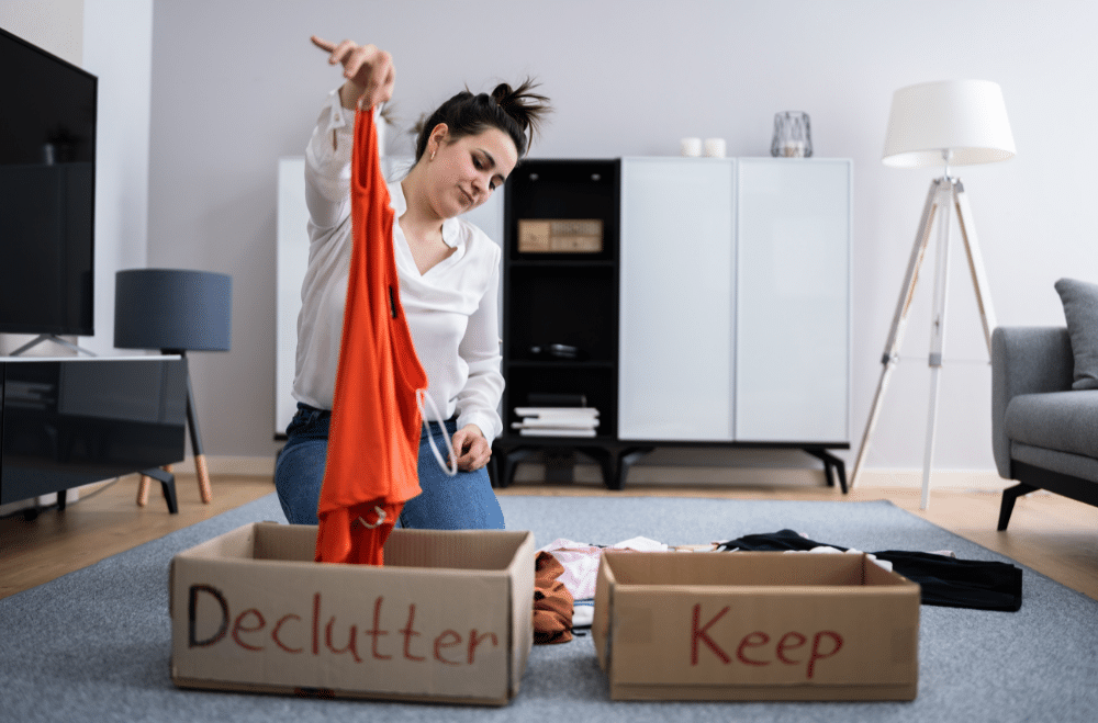 woman puts shirt in cardboard box labeled Declutter while an empty box labeled Keep sits on the floor next to it.