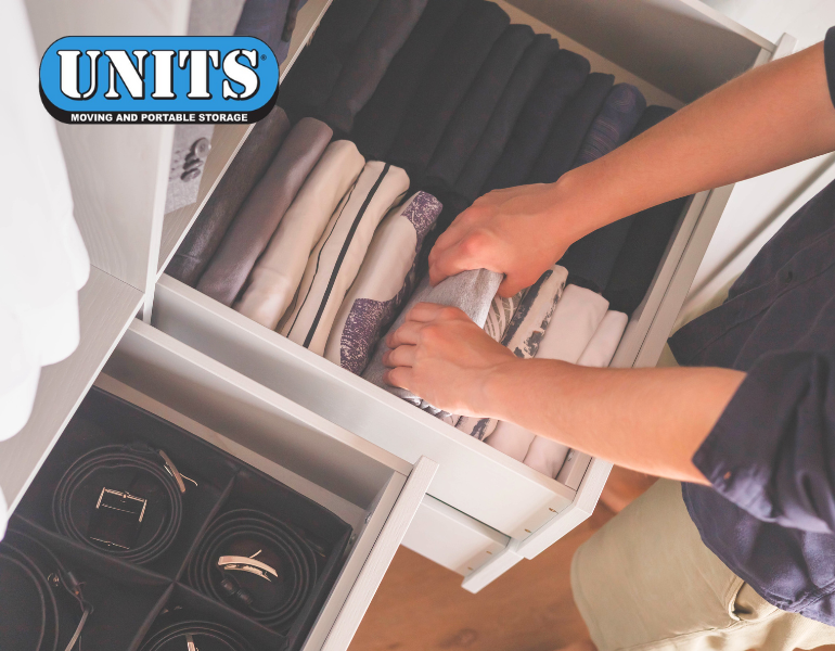 a pic of a person organizing a drawer and units logo