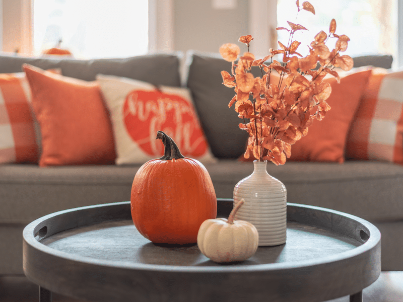 Fall decorations in a living room.