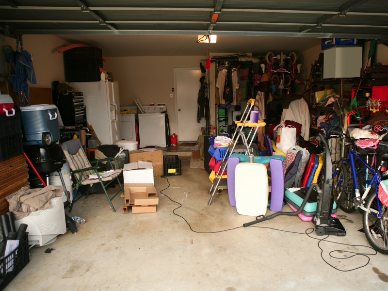 Garage filled with clutter.