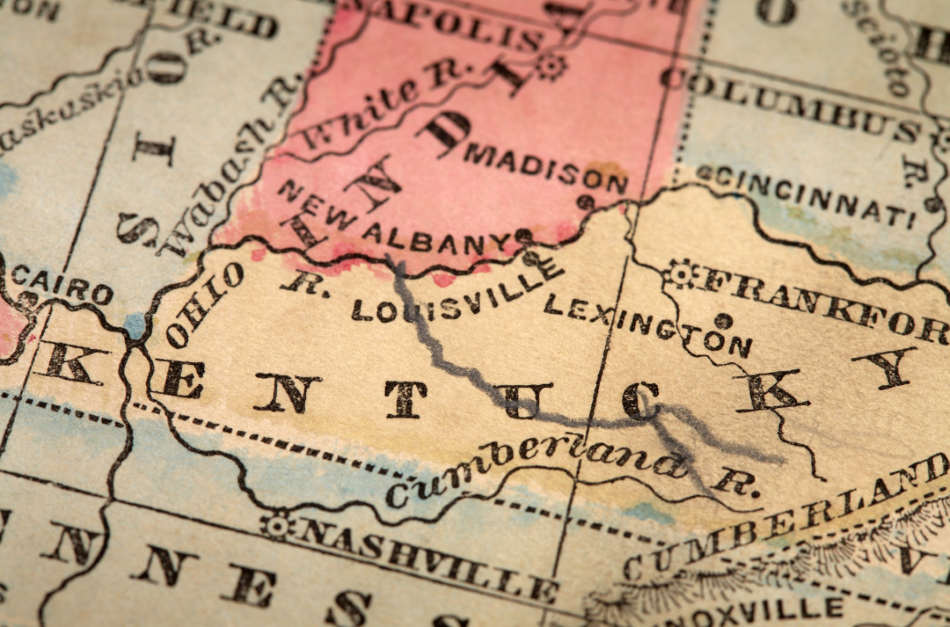 A map of Kentucky on a larger U.S. map.