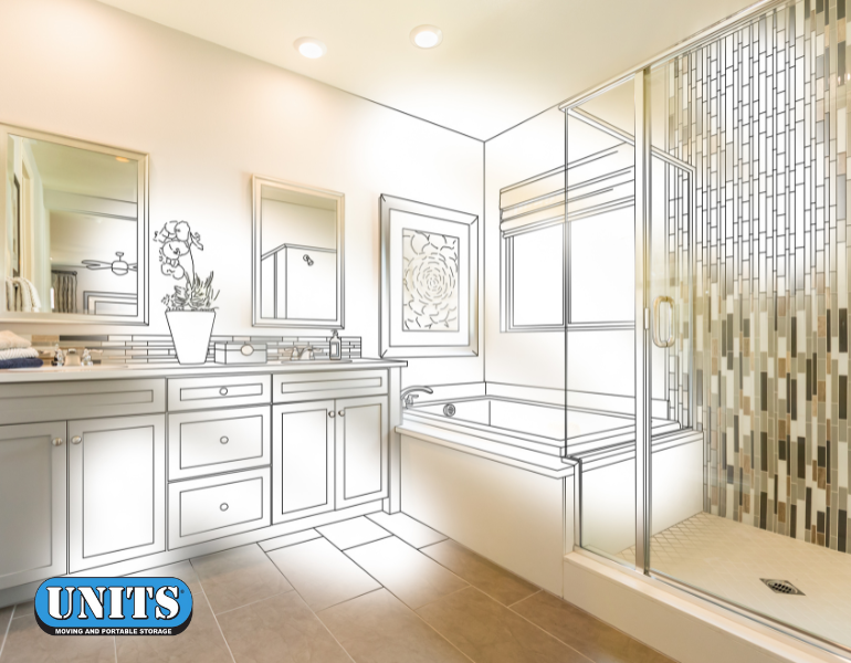 rendering of bathroom remodel with UNITS logo