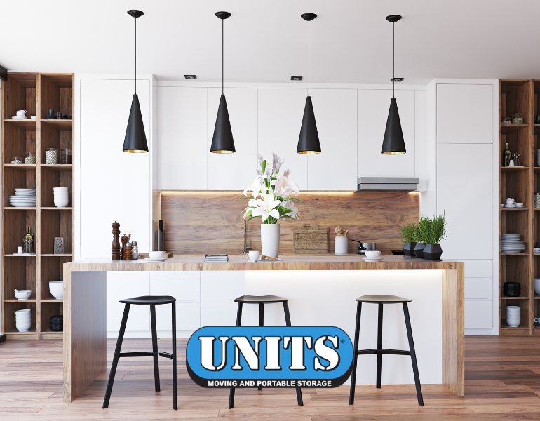 picture of a beautifully staged kitchen with UNITS logo