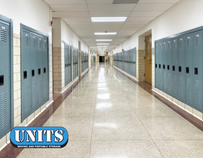 school hallway and units logo
