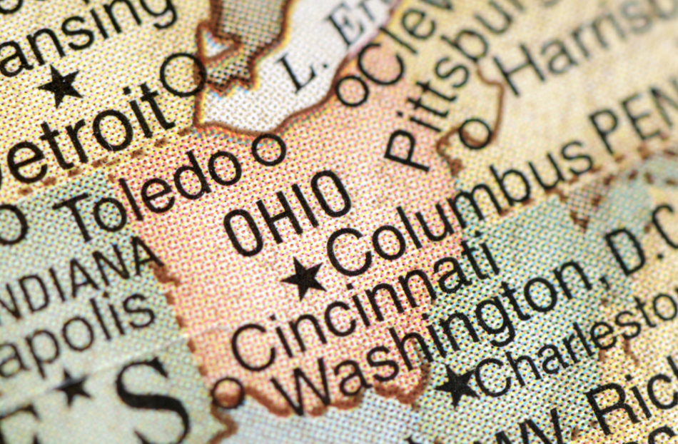 A map of Ohio on a larger map of the U.S..