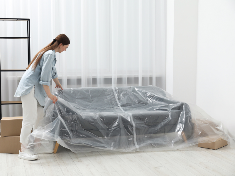 woman covering couch in plastic during her Move in Bad Weather