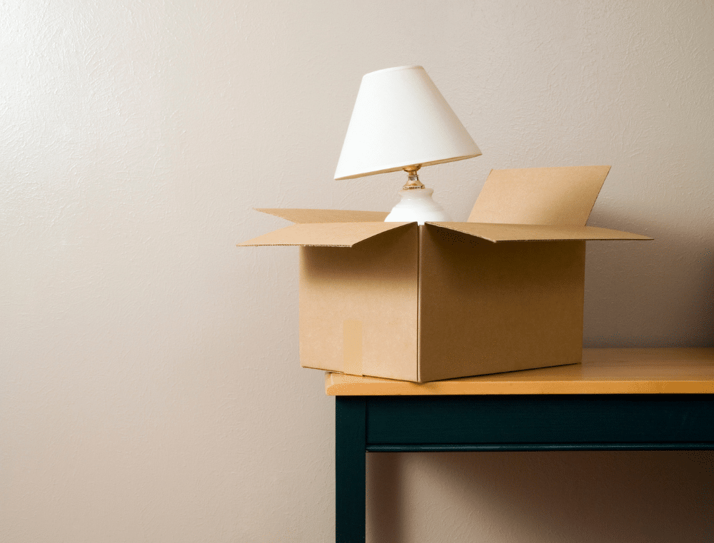 A lamp sitting in a cardboard box.