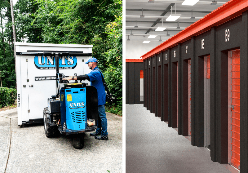 On the left is a UNITS portable storage container being transported by a ROBO-UNIT, operated a delivery specialist. On the right, self storage units.