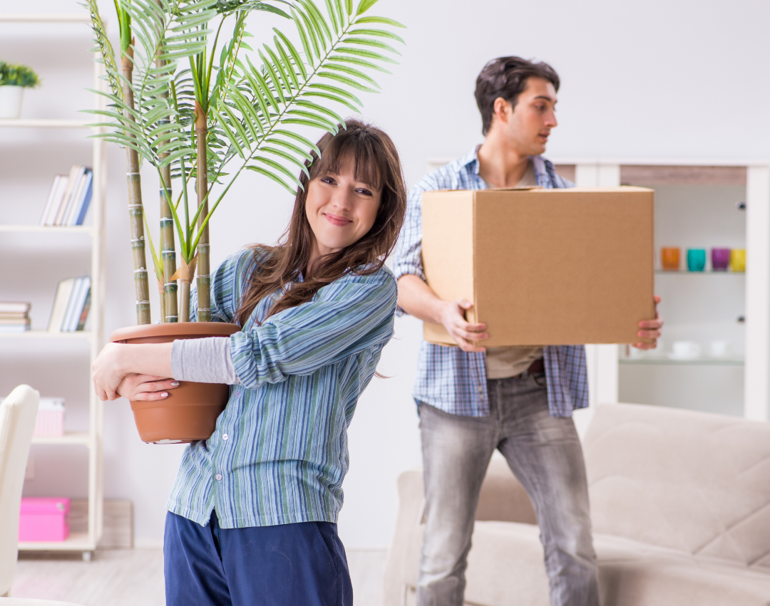 Woman smiling hugging a potted plant while a man carries a cardboard box behind her.
