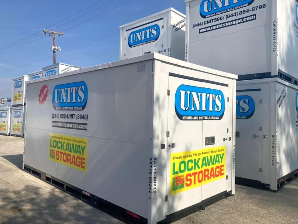 UNITS Moving and Portable Storage of San Antonio containers in a parking lot.