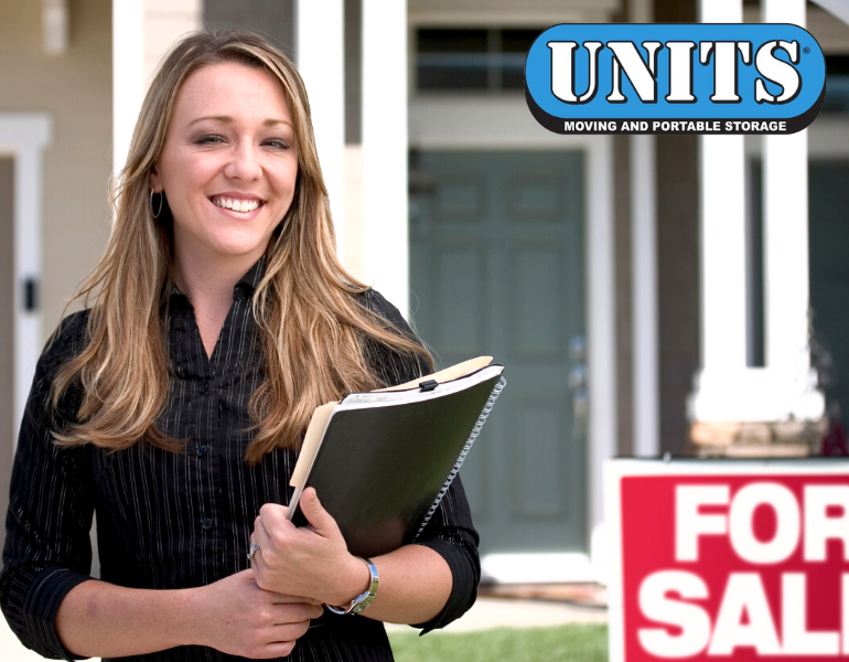 Realtor in front of a house for sale sign and UNITS logo