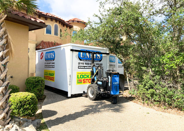 UNITS of San Antonio portable storage container being delivered by a ROBO-UNIT