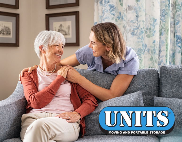 a picture of an elderly woman and a younger woman and units logo