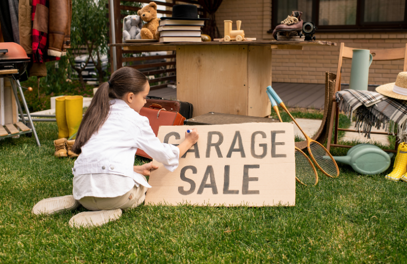 Young girl decorating a garage sale sign.