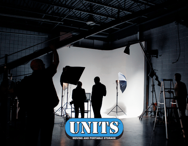 UNITS Moving and Portable Storage logo and a production set for a production company