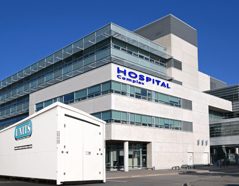 UNITS Portable storage container in front of a hospital