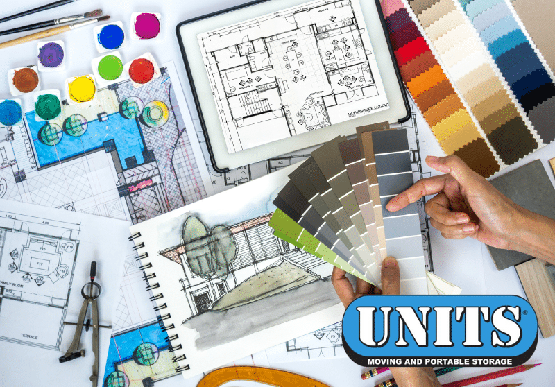 UNITS Portable storage logo and interior designer blue prints and swatches.