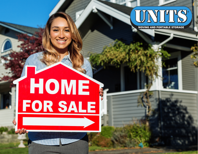 UNITS Portable storage logo and picture of realtor holding a "Home For Sale" sign.